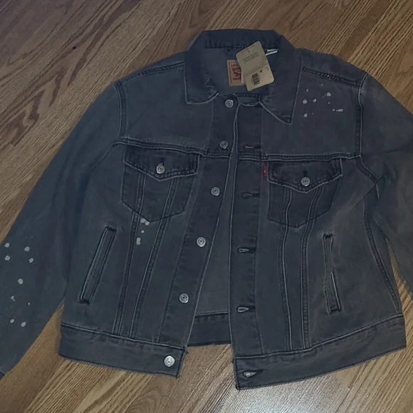 New Levi's lightly distressed paint splatter Gray denim Jean jacket size L - Picture 2 of 4